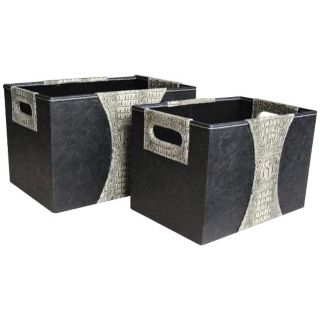 Set of 2 White and Black Faux Croc Leather Storage Boxes   #V3716