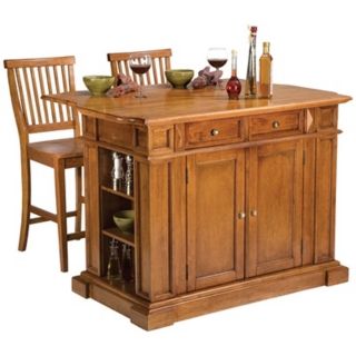 Distressed Cottage Oak Kitchen Island Set with Two Stools   #X4577