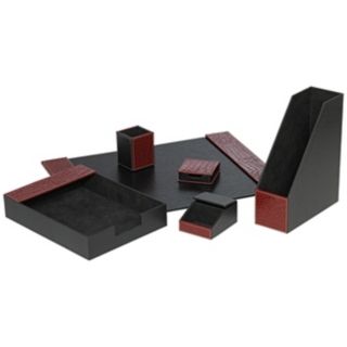 Set of Six Black Leather and Red Mock Croc Desk Set   #M5318