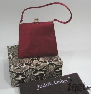 Judith Leiber Merlot Satin Evening Bag Top Handle Crystal Enamel Clasp