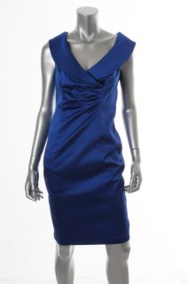 Kay Unger New Blue Sateen Shawl Collar Sleeveless Ruched Cocktail