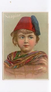 1800s Soapine Adv Trade Card Kendall Mfg Providence RI Child Boy Fez