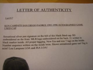 Ken Caminiti Game Used SIGNED1995 98 Padres Baseball Cap Letter of