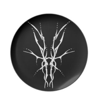 Deer Skull Tribal Tattoo   white on black Dinner Plate