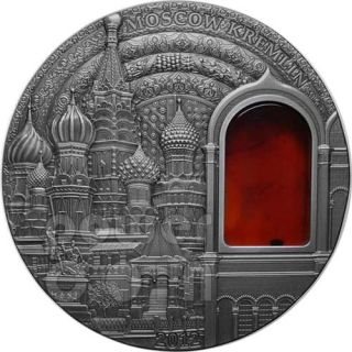 KREMLIN Russia Moscow Mineral Art Amber 2 Oz Silver Coin 10$ Palau