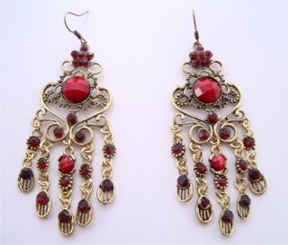 Ladies Burgundy Red Gold Chandelier Drop Dangle Earrings Gift Idea