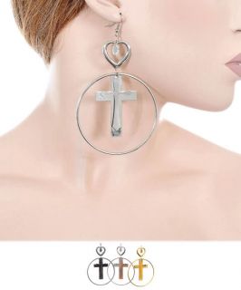 Large Hoop Heart Cross Earrings Silver Gold Metal