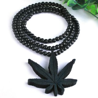 Leaf Weed Marijuana Pendant Wood Necklace Beaded Chain Rosary Black