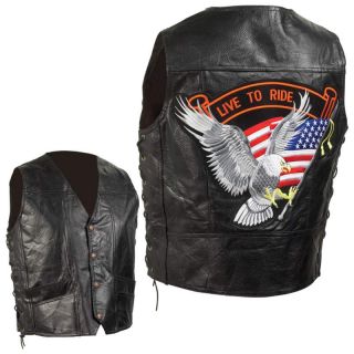 Mens Leather Motorcycle Vest Jacket Eagle Patch Large