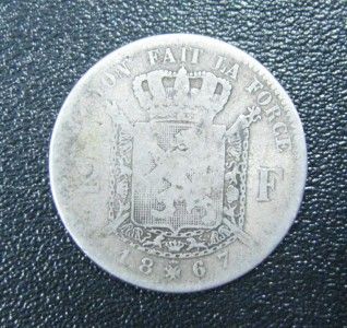 1867 Leopold II Belgium 2 Francs Silver Coin