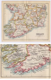 1890 Map Southern Ireland Dublin Cork Galway Limerick