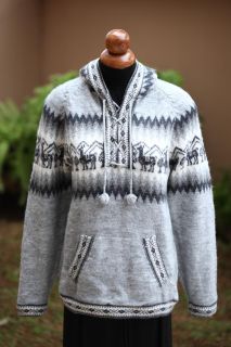 New Mens Hooded Hood Alpaca Wool Llamas Sweater Sz M Silver Alpaca
