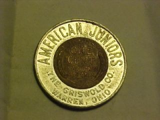 American Juniors The Griswold Co Warren Ohio Encased 1958 D Cent Token