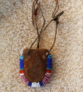 Crow Beaded Hide Medicine Pouch with Fossil Stone Crow reservation