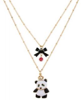 Betsey Johnson Necklace, Antique Gold Tone Glass Crystal Two Row Panda