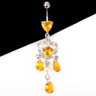 Dangle Long Heart Orange Topaz Rhinestone Crystal Belly Button Ring