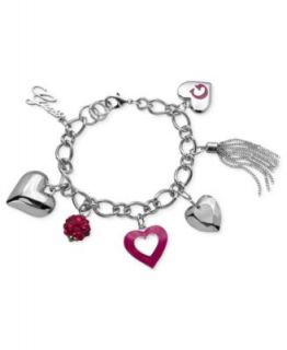 GUESS Bracelet, Silver Tone Crystal Two Heart Charm Bracelet   Fashion