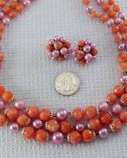 Vintage Multi Strand Bead Necklace Earring Set Orange Pink Faux Pearl
