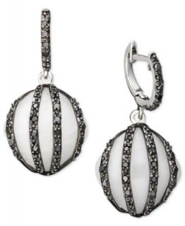 Sterling Silver Earrings, White Agate (20mm) and Black Diamond (1/5 ct