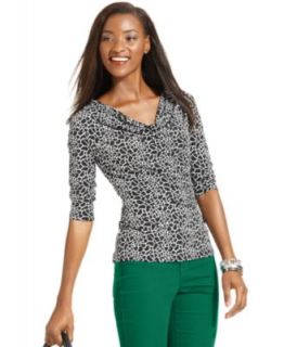 Style&co. Petite Top, Three Quarter Sleeve Graphic Print Sequin Cowl