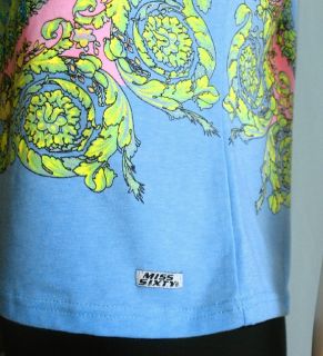 Miss Sixty Floral Print Sequin T Shirt Top Pink Blue XL 2806