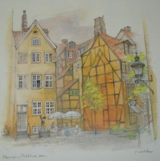 Mads Stage Danish Artist Watercolor Print Lithograph Cafe Buildings