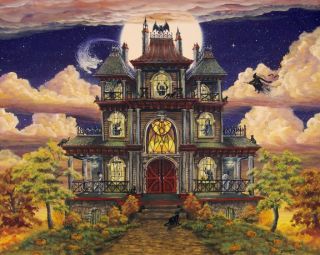 Folk Art Halloween Print Ghostly Manor Haunted House Witch Ghost Bat