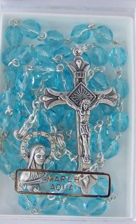 March Aquamarine Birthstone Rosary 5mm Crystal Shaped Beads Madonna