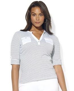 Lauren Ralph Lauren Plus Size Top, Short Sleeve Striped Pocket Henley