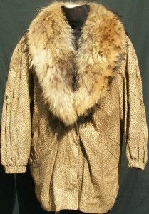 Marvin Richards Coat L Genuine Coyote Fur Leather Tan Brown Mid Thigh