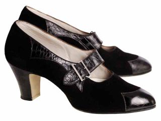 Vintage Black Mary Jane Suede Leather Heels Shoes 1930s Ladies Size 7