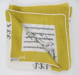 Vera Neumann Yellow Cream Silk Script Print Neck Scarf