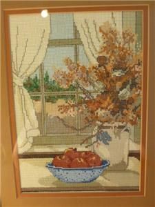 1984 Hand Cross Stitched Dried Flowers Apples Fall Autumn Window Scene