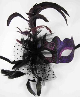 Venetian Half Face Mask Masquerade Feather Black Purple Glitter Fancy