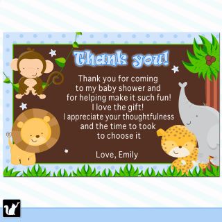 30 Personalized Jungle Safari Thank You Cards Notes Blue Birthday Baby