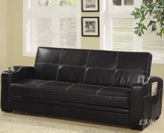 Maxton Black Bycast Leather Futon Sofa Bed Cupholders