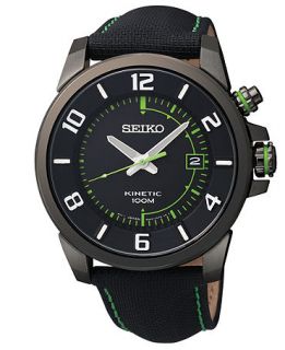 Seiko Watch, Mens Kinetic Black Leather Strap 42mm SKA557   All
