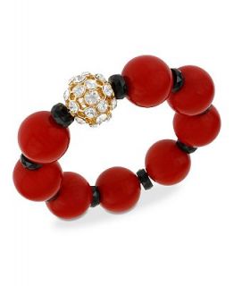 Haskell Bracelet, Gold Tone Red Bead Glass Stretch Bracelet