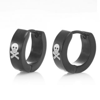 Black Stainless Steel Pirates Skull Mens Hoop Earrings Jewelry