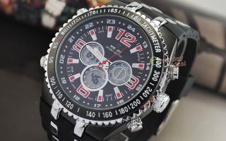 Mens Sports Military Watch 10M WR Black Rubber Band Alarm Date Dual