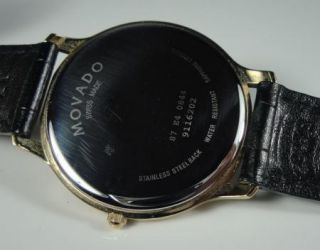 Mens Movado Gold Tone Museum Dial Watch 87 E4 0844 Dress Leather Black