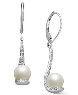 Pearl Earrings, Sterling Silver Cultured Freshwater Pearl and Diamond