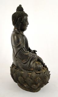 Antique Chinese Ming Dynasty Bronze Seated Buddha on Lotus Leaf Base