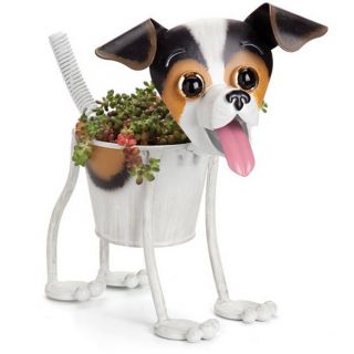 Adorable Jack Russell Mini Bobblehead Metal Dog Planter Stand Home