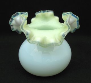 Victorian Green Cased Glass Posy Vase Ruffled Opalescent Rim