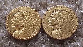 1914 D $2 50 Indian Gold Piece Coins Both Have Smoothed Rims