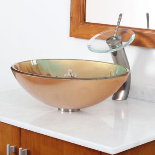 New Bathroom Leaf Pattern Glass Vessel Sink & Brushed Nickel Waterfall