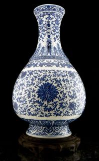 Qianlong Mark IMPERIAL Blue & White PALACE Lotus COBALT Chinese Vase