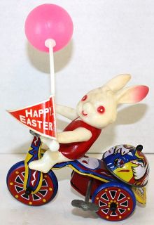 Vintage MTU Easter Bunny on Tin Tricycle W/ Balloon Windup Toy Made