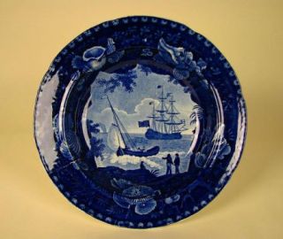 American Historical Dark Blue Staffordshire Cadmus SHIP Plate Shell